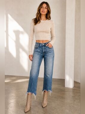 Free People Maggie Straight Jeans Raw Hem Cropped Medium Wash